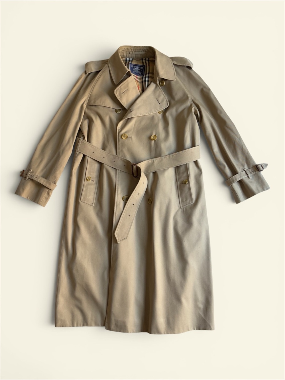 Burberry Tan Trench Coat Vintage 80s Double Breasted Nova Check Belted Long 54R
